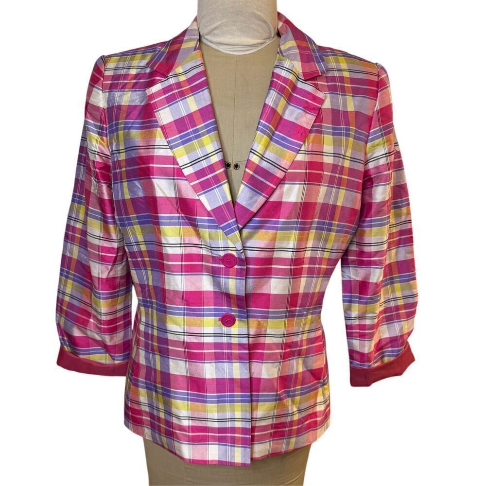 Kasper Silk 2-Button Blazer Sz. 12 Pockets Bright Plaid Lined - Picture 3 of 9